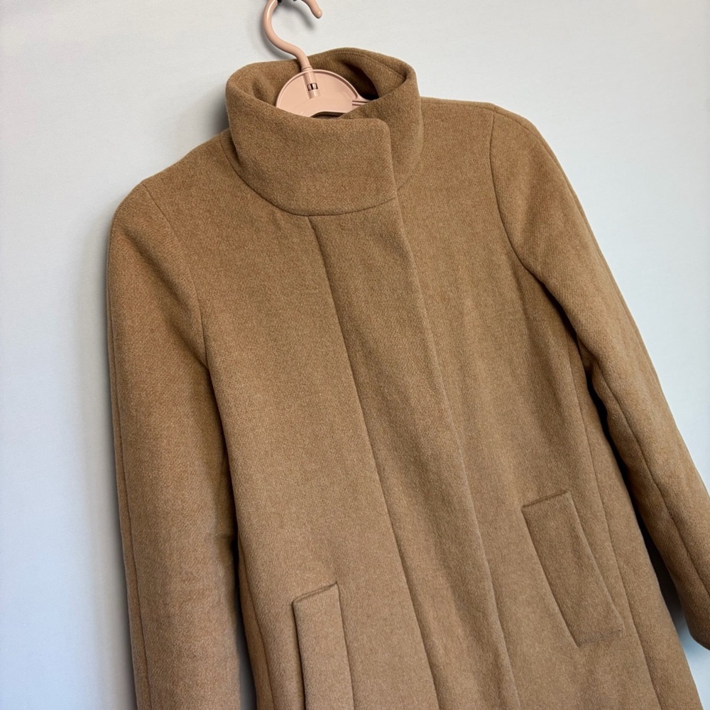 J. Crew City Coat Sz 00 Women Funnel Neck Camel Zip Front Wool Blend Timeless - Picture 13 of 16